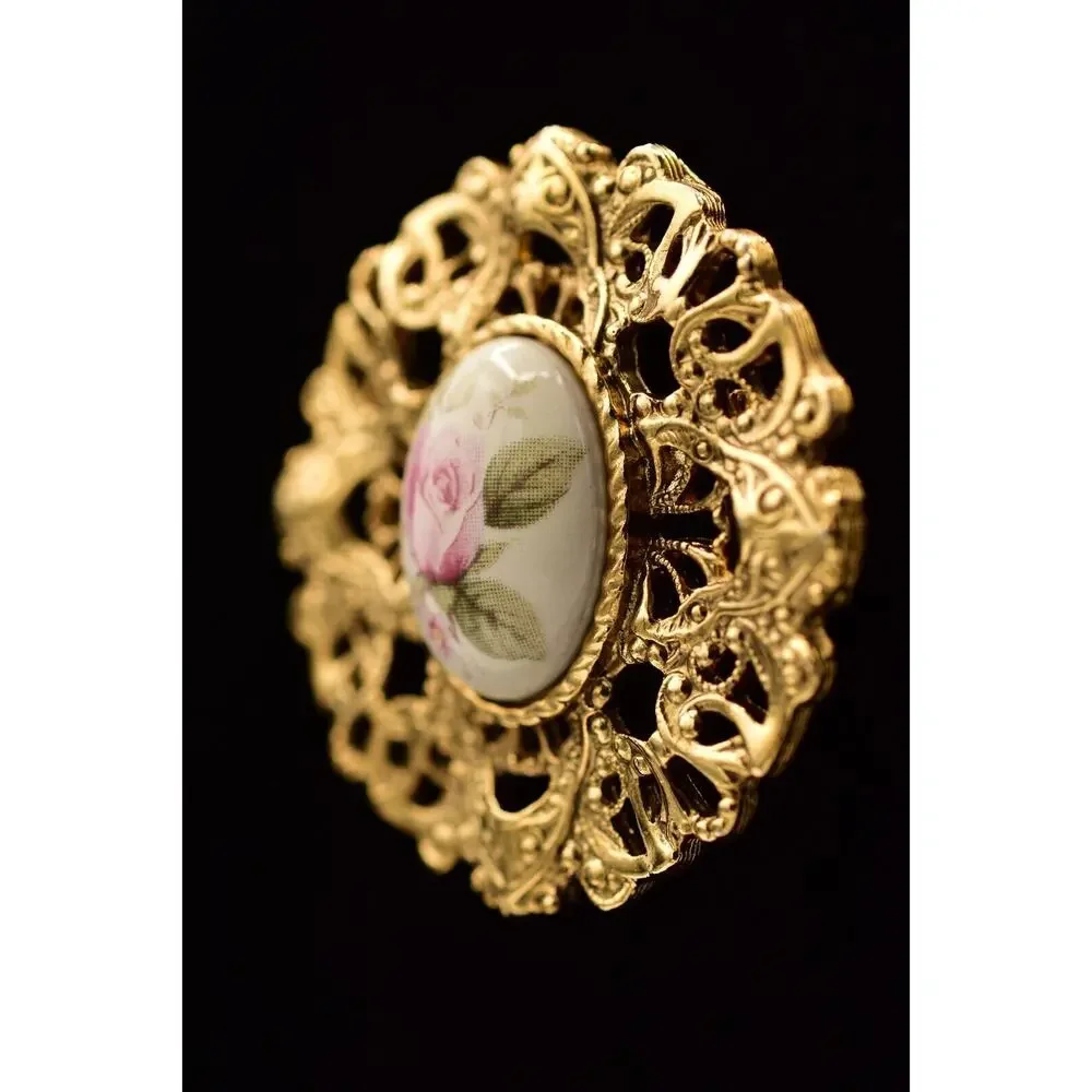 1928 Vintage Brooch Pin Rose Painted Cabochon Antiqued Gold Filigree 1980s BinBG